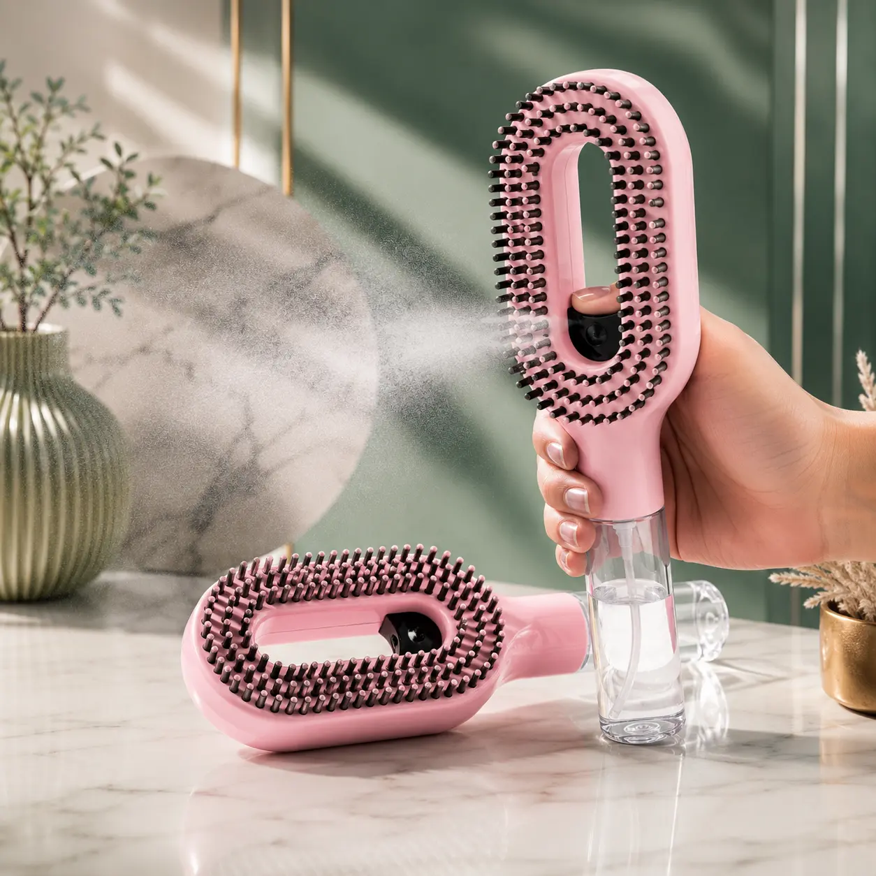 [Summervibes] 3-in-1 Mist Spray Hair Brush – Anti-Frizz Ionic Detangling Comb with Refillable 55ml Water Tank, Dual Bristle Design & Massage Tips for Dry, Curly & Thick Hair, Easily Removes Knots & Tangles