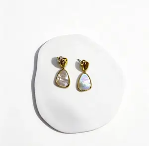 Mother of Pearl Gold Dangle Earrings | Iridescent Shell Drop Earrings | Waterproof Tarnish-Free Coastal Boho Statement Jewelry for Women