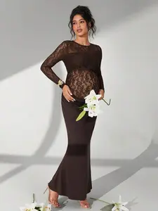 BELLAdresses Maternity Solid Color Lace Long Sleeve Long Ruffle Mermaid Hem Maternity Photography Dress
