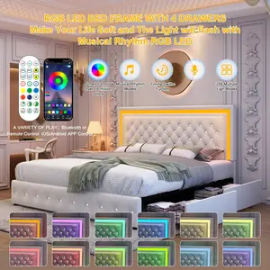 GEGOFORU Queen LED Storage Bed Frame with RGB Headboard, Music Sync & APP Control, 4 Drawers, PU Upholstered, Noise-Free, No Box Spring Needed, White