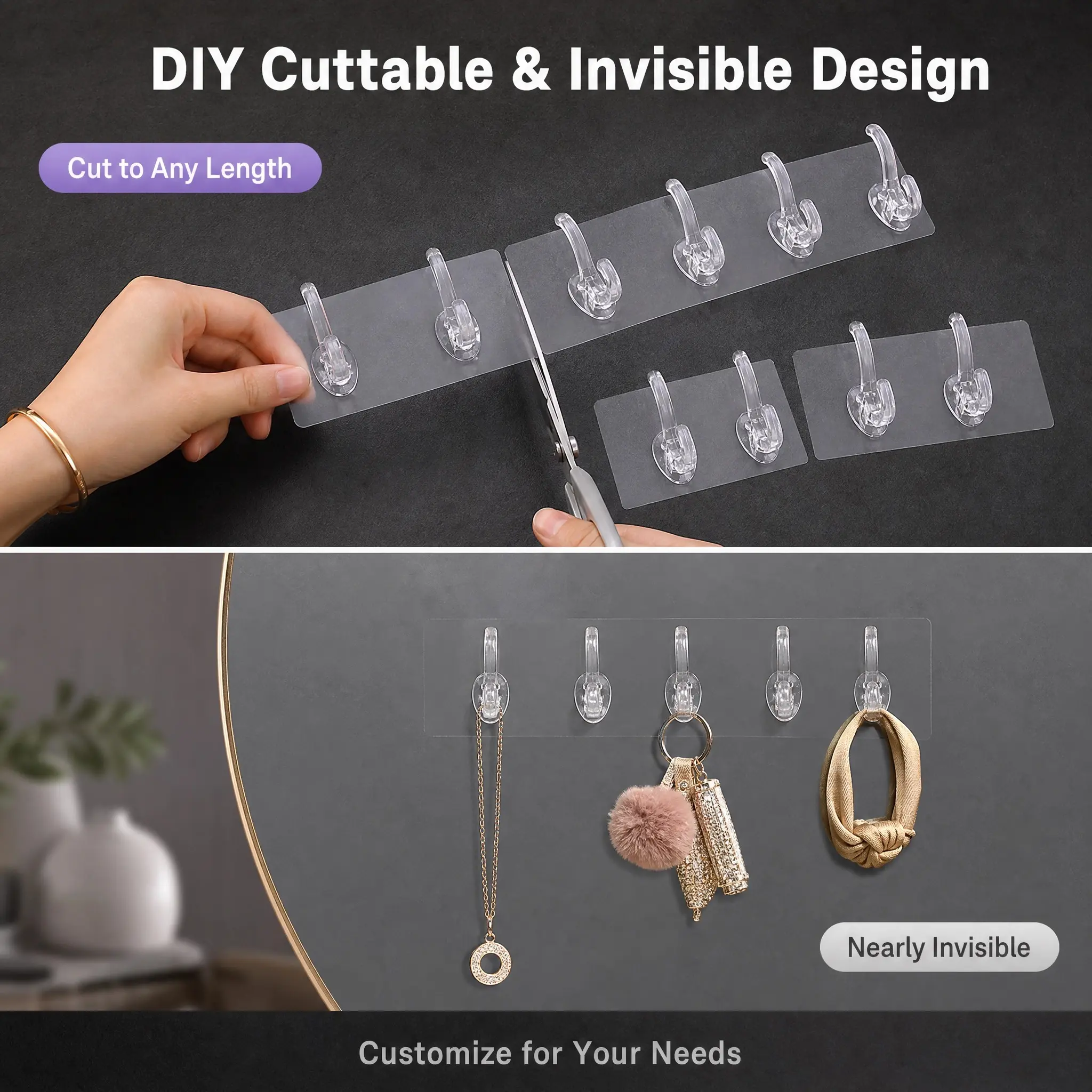 DIY Cuttable & Invisible Design Hooks - Customize to Any Length for Nearly Invisible Storage Solutions