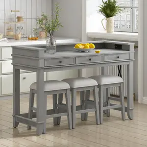 Goole 4-piece Multifunctional Dining Table with  3 Upholstered Stools