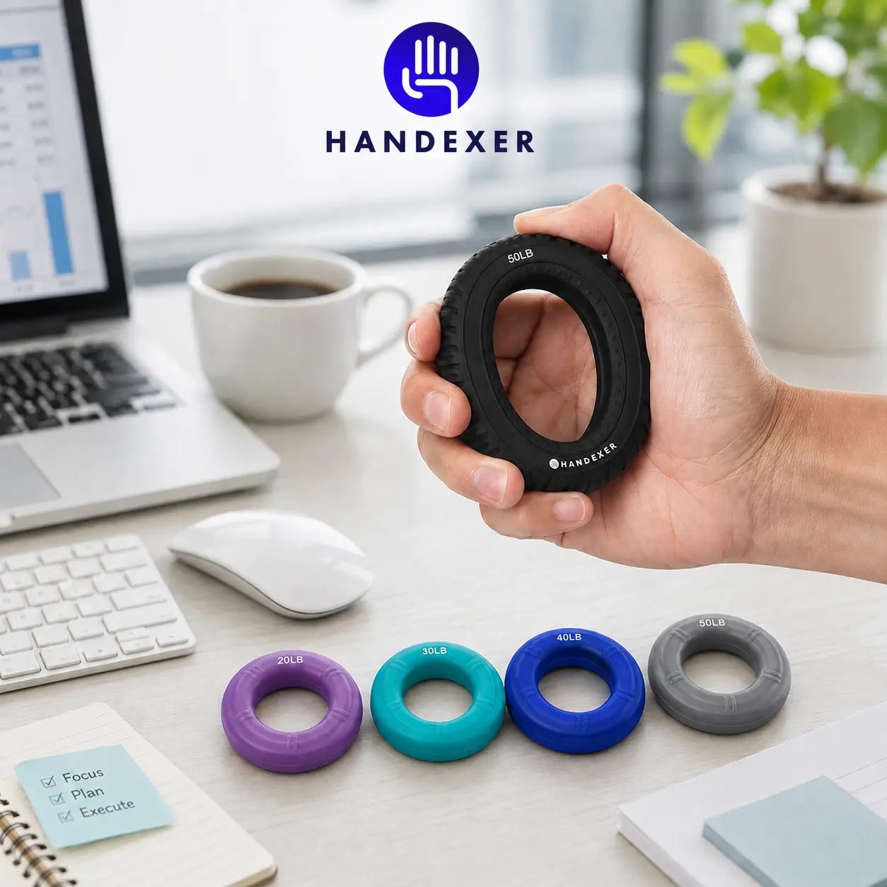 Handexer 5-Piece Hand Grip Strengthener Set, 20-100LB Stackable Silicone Grip Rings for Office, Desk Breaks, Home and Fitness