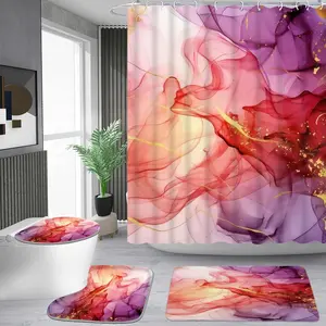 1/4 piece gilt pink purple gradient pattern shower curtain set, waterproof shower curtain with 12 hooks, non-slip bathroom carpet, toilet U-shaped cushion, toilet seat cover cushion, bathroom shower curtain set, perfect moving gift.