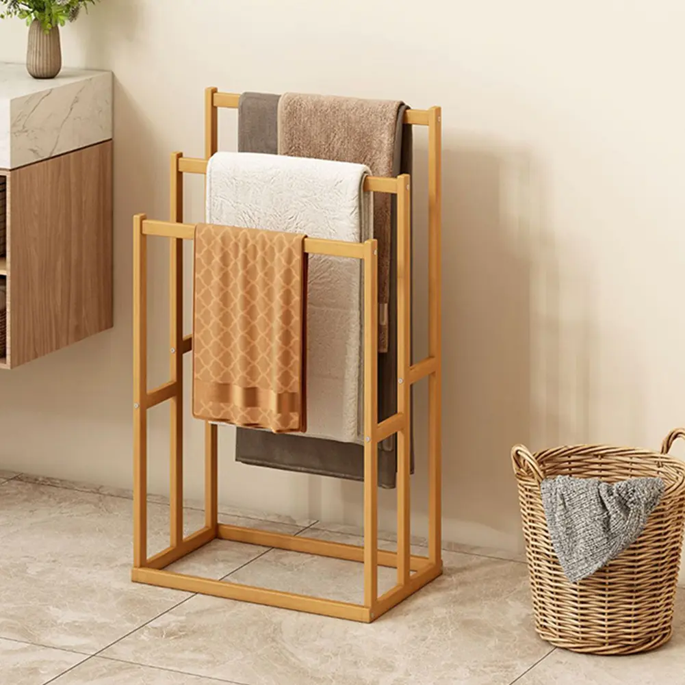 3-Tier Wooden Freestanding Towel & Clothes Rack - 3 Hanging Crossbars, 420x250x820mm, No-Installation Bathroom Storage Organization, Bottom Shelf, Noise-Free Stability, Versatile Design for Bedrooms, Entryways