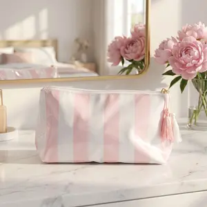 Waterproof PVC Striped Cosmetic Bag - Portable Fringed Travel Washbag, All-Season Casual Functional Makeup Organizer Pouch summerwins