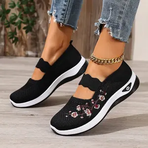 Slip-Resistant Elastic Strap Plum Blossom Embroidered Hollow Flat Loafers, Soft EVA Sole Breathable Walking Shoes for Daily Commute & Outdoor Strolls