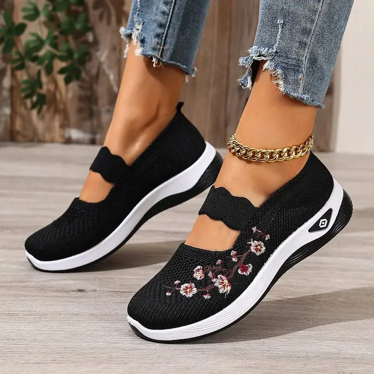 OFIREND | Slip-Resistant Elastic Strap Plum Blossom Embroidered Hollow Flat Loafers, Soft EVA Sole Breathable Walking Shoes for Daily Commute & Outdoor Strolls