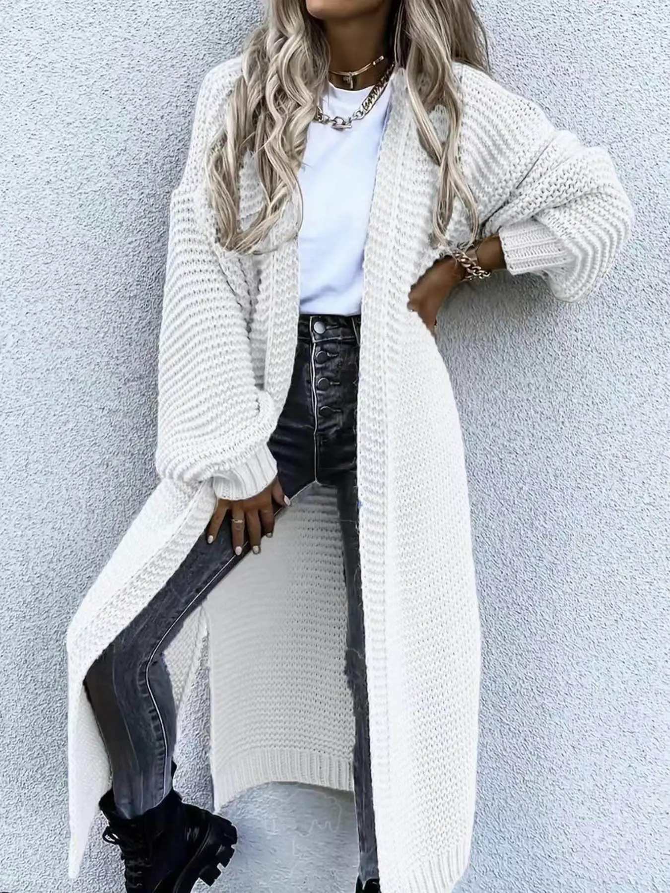 Green Long Knit Cardigan for Women - Cozy and Stylish Fall/Winter Outerwear Women's Solid Color Drop Shoulder Split Hem Long Cardigan, Casual Long Sleeve Open Front Knitwear for Fall & Winter, Fashion Women's Knit Clothing for Daily Wear Chic Elegant