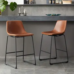 26 Inch Counter Height  Stools Set Of 2, Modern Faux Leather High Barstools With Back And Metal Leg,  Chairs For Kitchen Lsland, Brown Curved PU Dining Kids Plush Rocking Horse bar