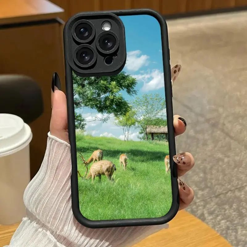 Grassland deer landscape phone case. Compatible with iPhone 17 Pro Max/16 Pro Max/15 Plus/14/13/12/11, TPU soft case. Compatible with Galaxy S26 Ultra/S25 Plus/S24/S23, Dopamine color. Compatible with Galaxy A54/A53/A33/A15.