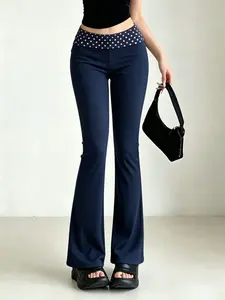 Women's Polka Dot Waistband Flare Pants, High Waist Slim Fit Bell Bottom Leggings, Baddie Style Casual Womenswear Pants for Pear Body Shape, OOTD & Festival Outfits, Comfy Streetwear for Daily & Vacation