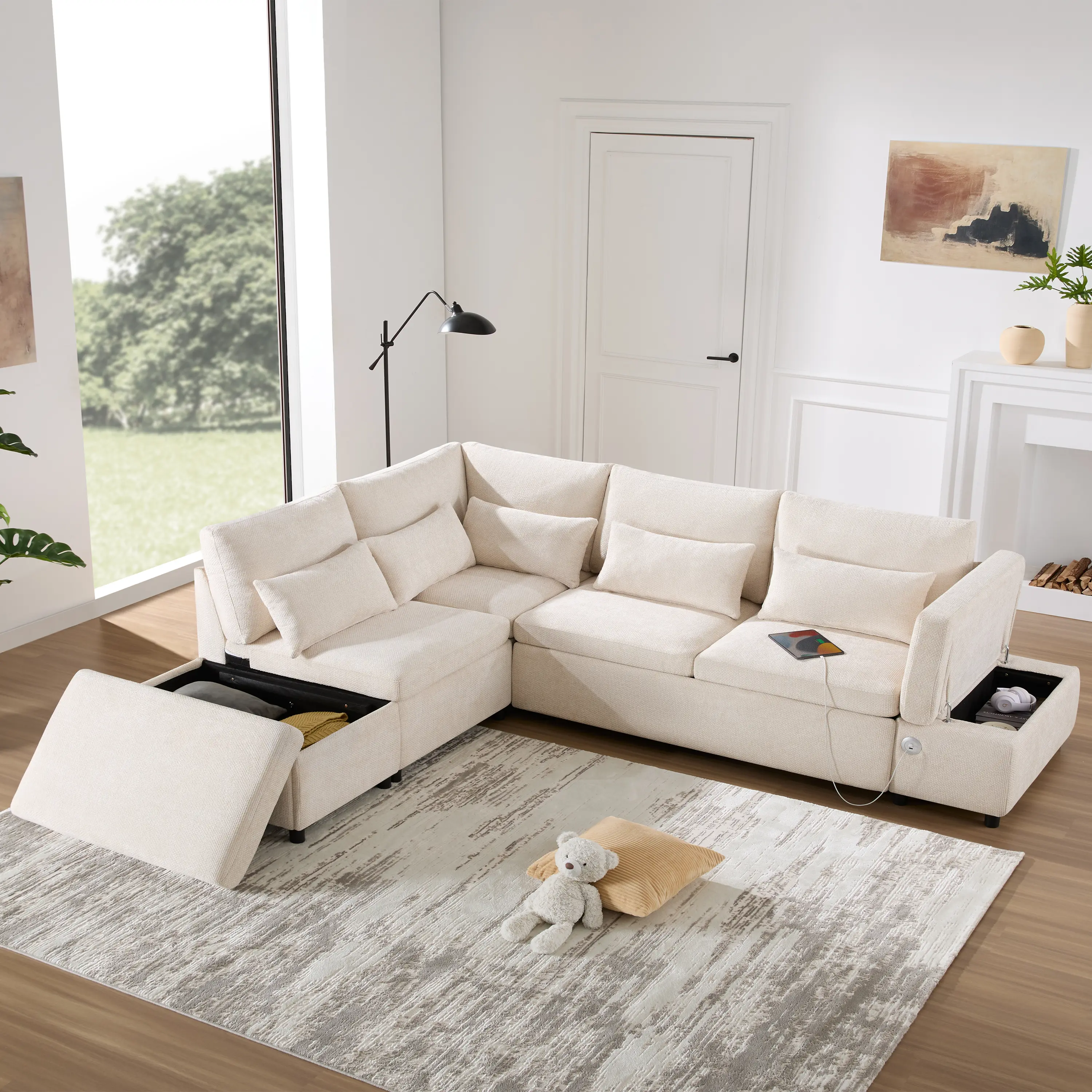 107" L-Shaped Sectional Sleeper Sofa Bed with Pull Out Couch & Storage Ottoman, USB & Type-C Charging, Adjustable Armrest, Free Combination Modular Sofa for Living Room & Apartment