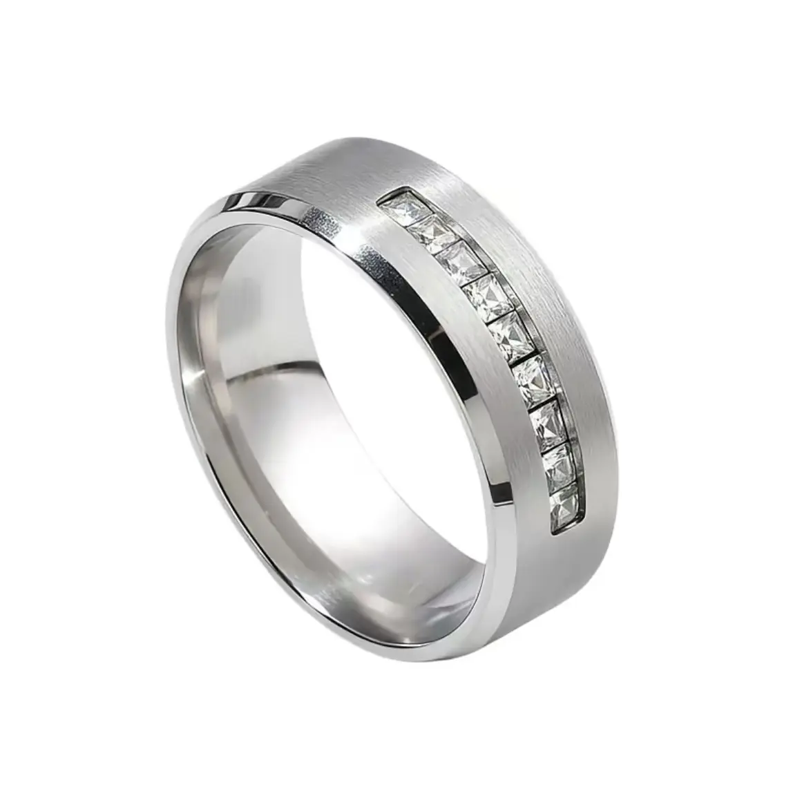 CELIKY Men's Titanium Beveled Edge Polished Satin Finish Ring, Channel-Set Princess-Cut Cubic Zirconia Wedd Hypoallergenic for Sensitive Skin, Anniversarying Band,Graduation Gift, Diamond Look Rings, Stainless Steel, Cubic Zirconia Rings, Beautiful Rings