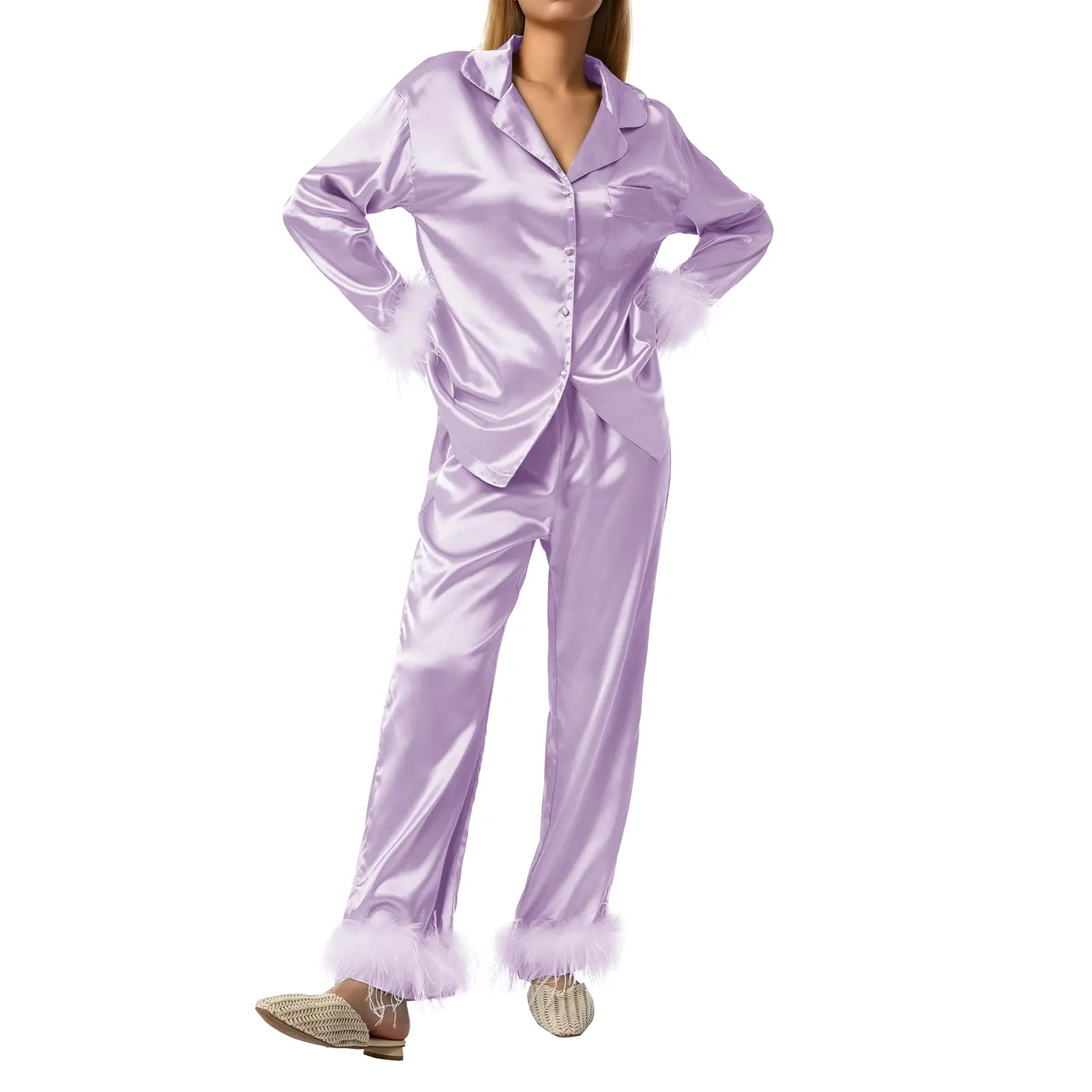 Women's Sleepwear, Feather Decoration Long Sleeve Button-Down Lapel Collar Tops + Pants Pajamas Set