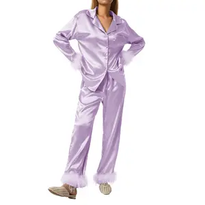 Women's Sleepwear, Feather Decoration Long Sleeve Button-Down Lapel Collar Tops + Pants Pajamas Set