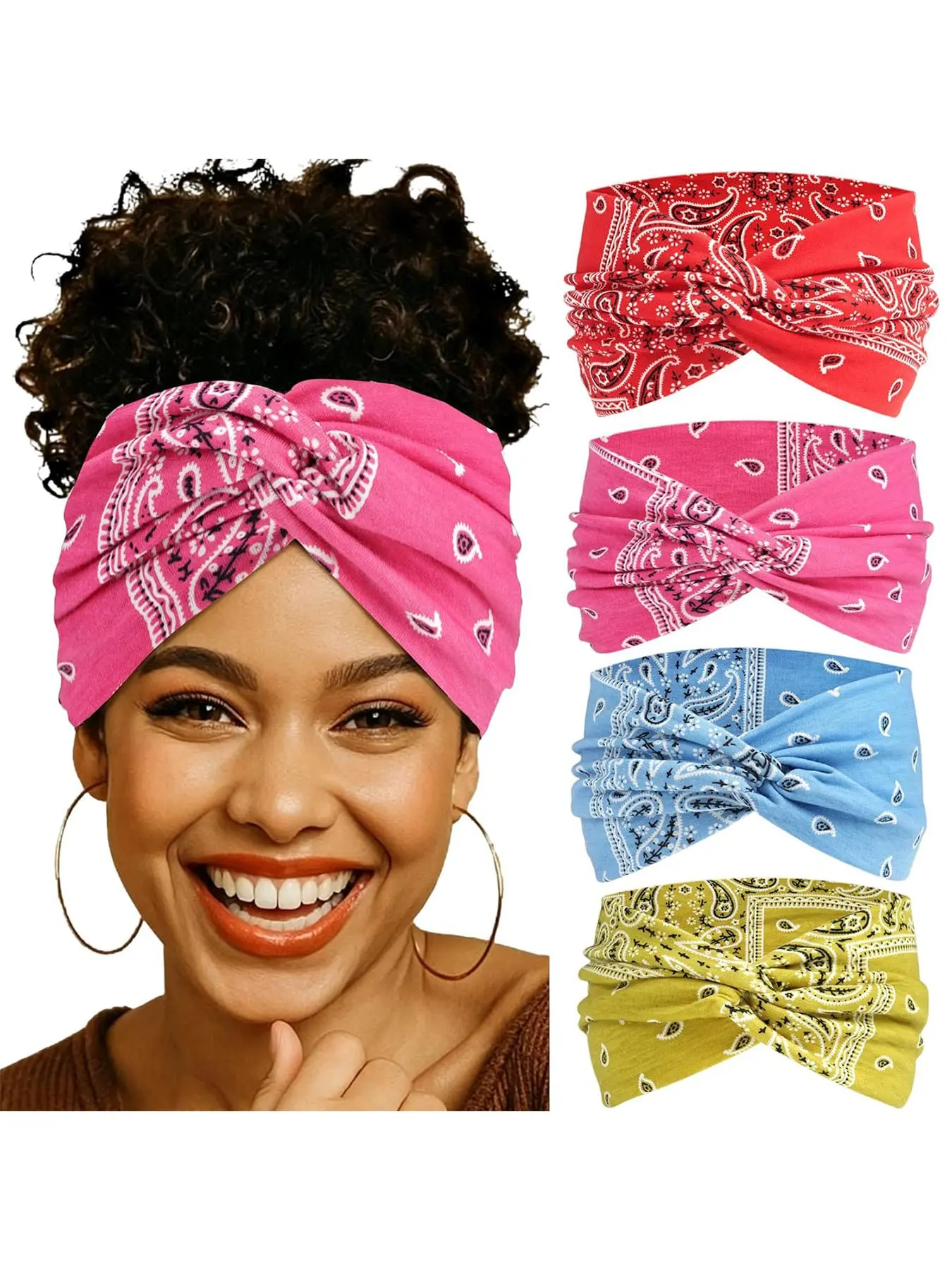 4-Pack Wide Women's Non-Slip Elastic Yoga Sports Headbands, Soft Boho Criss-Cross Design, All-Season Textile Coating Accessory, Workout Headband