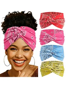 4-Pack Wide Women's Non-Slip Elastic Yoga Sports Headbands, Soft Boho Criss-Cross Design, All-Season Textile Coating Accessory, Workout Headband