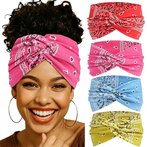 4-Pack Wide Women's Non-Slip Elastic Yoga Sports Headbands, Soft Boho Criss-Cross Design, All-Season Textile Coating Accessory, Workout Headband