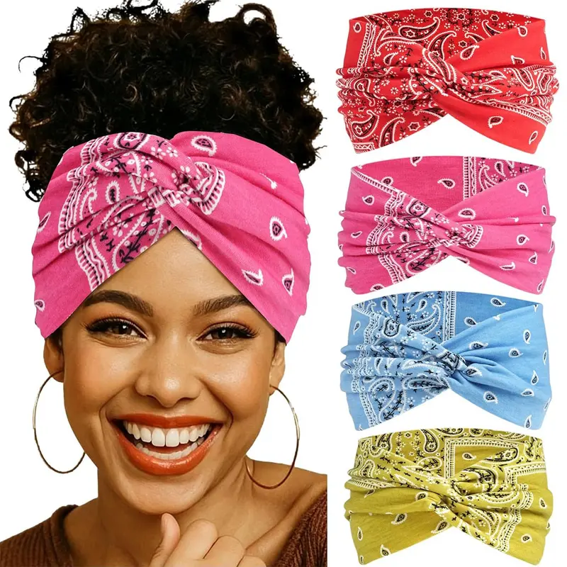 4-Pack Wide Women's Non-Slip Elastic Yoga Sports Headbands, Soft Boho Criss-Cross Design, All-Season Textile Coating Accessory, Workout Headband