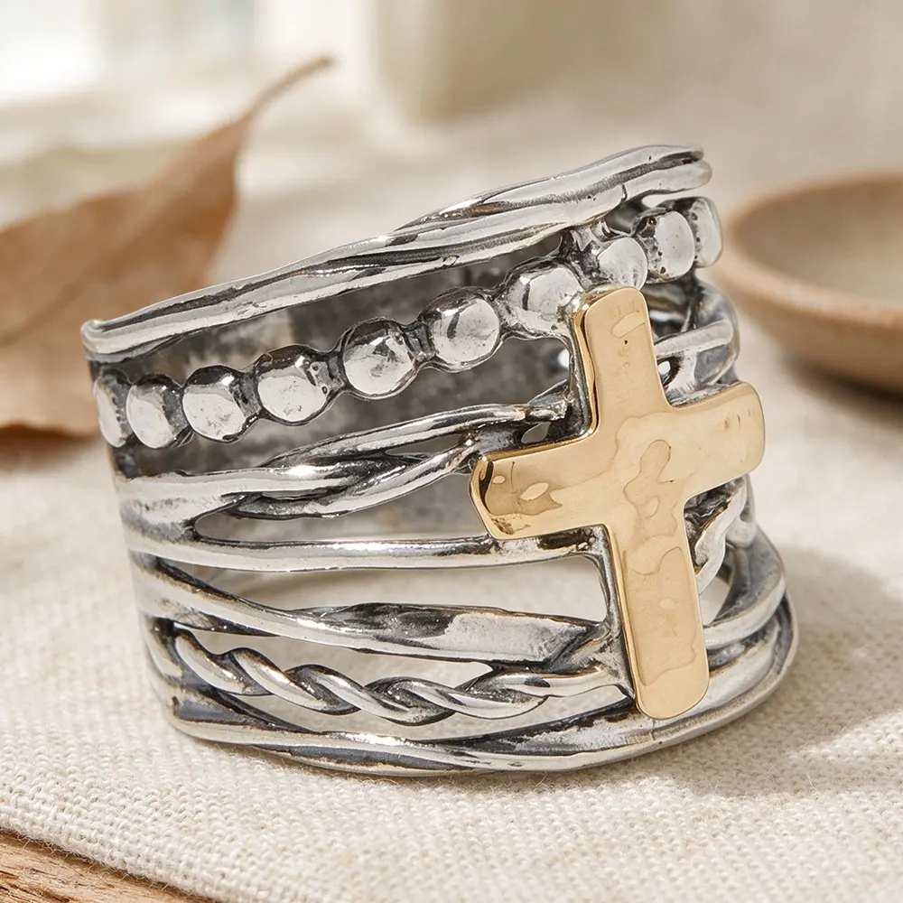 Women's 1PC 2-Tone Plated Copper Cross Ring - Vintage Beaded Twisted Boho Statement Jewelry, Criss Cross rings, Wedding Ring, Christmas accessory, Birthday Anniversary Gift for Her