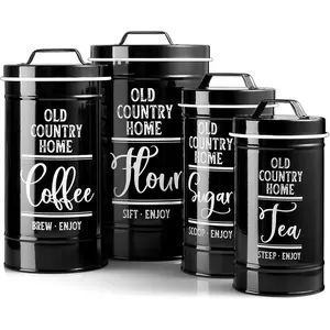 Black Canisters Sets for the Kitchen, Airtight Kitchen Canisters for Countertop, Flour and Sugar Containers,  Coffee Sugar Canister Set, Black Kitchen Decor and Accessories, Set of 4