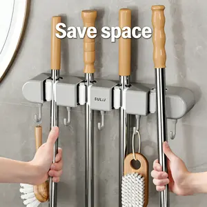 Multi-Functional Mop Rack with Hooks, Four-Layer Five-Hook Wall-Mounted Mop Holder, Ideal for Kitchen, Bathroom, Closet