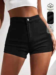 Women's High-Waisted Elastic Denim Shorts, Fitted Butt-Lifting Hot Pants, Casual Daily Wear, Party, Button Fly, Pockets