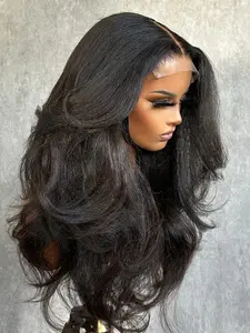 26-Inch Long Yaki Curl Wig, 180% Density, Free Part, No Glue, Pre-Attached, Heat Resistant Lace Front Full Wig, 13x4 Band, Synthetic Curly Wigs, Glueless Yaki Wig