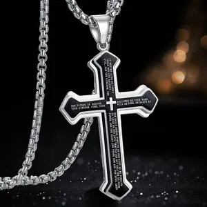 New Easter Gift: Men's Stainless Steel "Lord's Prayer" Nail-Style Cross Pendant Necklace (Unisex) — Large Pendant with Substantial Chain, 24-Inch Overall Length