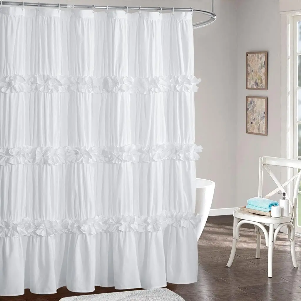 White Ruffled Solid Microfiber Shower Curtain - Handcrafted Vintage Ruched Bow Tie Design, 12 Rust-Proof Eyelets, 72W x 72L Inches (Pack of 1), Machine Washable, LQ-10 Model, Homechoice Decor for Master Bathroom