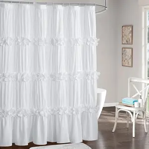 Ruffle Shower Curtain, Ruched Microfiber Vintage Handcrafted Bow Tie Bath Curtain for Master Bathroom, with 12 Buttonholes, 72" W x 72" H, White (LQ-10)