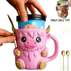 Highland Cow Ice Cream Cup Holder Set, Reusable 3D Printed Cups, Hidden Snack Storage Drawer, Multi-Purpose Beverage Cooler, Party Accessories