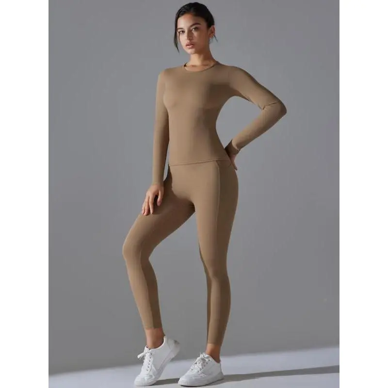 Women's Solid Long Sleeve Tee & Leggings Sports Set, Casual Comfy Breathable Two-piece Outfits for Yoga Gym Workout Running, Ladies Sportswear for All Seasons Women's Solid Long Sleeve Tee & Leggings Sports Set, Casual Comfy Breathable Two-piece Outfits for Yoga Gym Workout Running, Ladies Sportswear for All Seasons