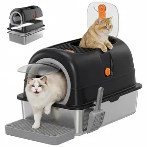 Stainless Steel Litter Box for Cats Extra Large Flip-Top Enclosed High Sided Non-Sticky Pan Front and Top Entry Odor Free Easy Cleaning Double Entry