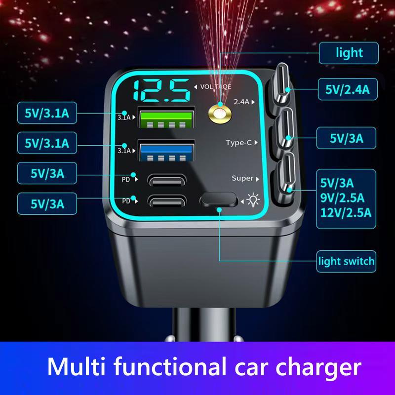 8-in-1 Ultimate Car Charger!  Level up your drive with 60W Starlight projection, retractable cables for zero mess, and 3.1A fast charging. Real-time voltage monitoring keeps your ride safe.  Must-have car gadget for 2026!
