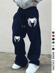 Men's Spider Pattern Print Drawstring Waist Sport Pants, Casual Gothic Joggers, Loose Fit, All Seasons, Unisex