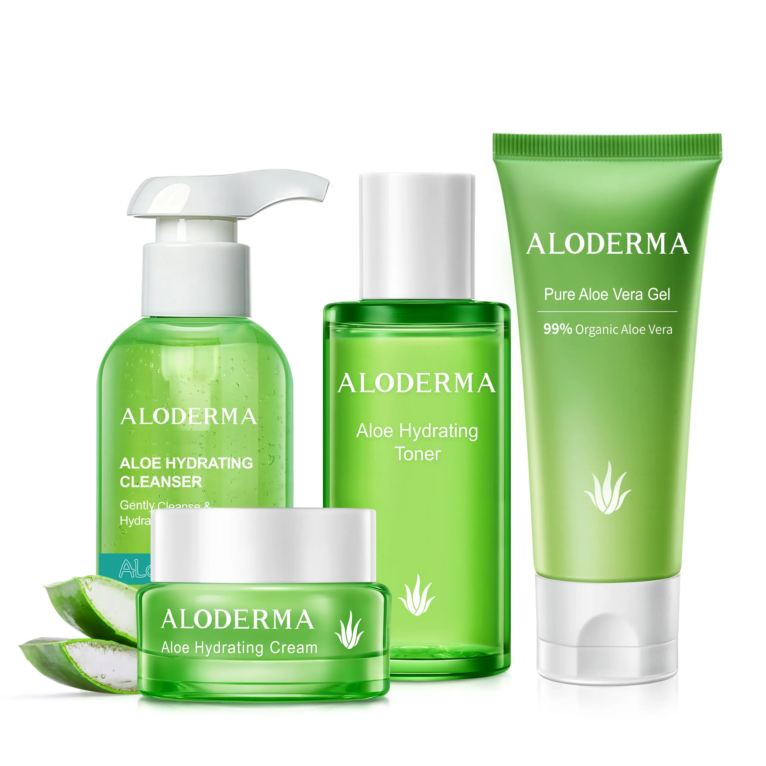 Aloderma Essential Aloe Hydrating Skin Care Set - 4 Pieces - Gel, Cleanser, Toner, Cream