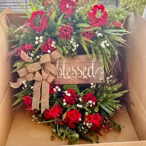 Realistic Geranium Flower Crown, Wooden Plaque Wreath, 18 Inch Front Door Decoration, Country Farmhouse Style Home Decor