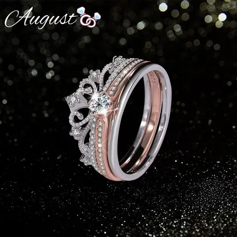 Women's 2-Piece Female Cubic Zirconia Paved Princess Crown Castle Ring Set - Interlocked Stackable Adjustable Open Love Band, Lead-Free Elegant Everyday Ring, Unique Artificial Gemstone Jewelry for Anniversary with Elegant Packaging
