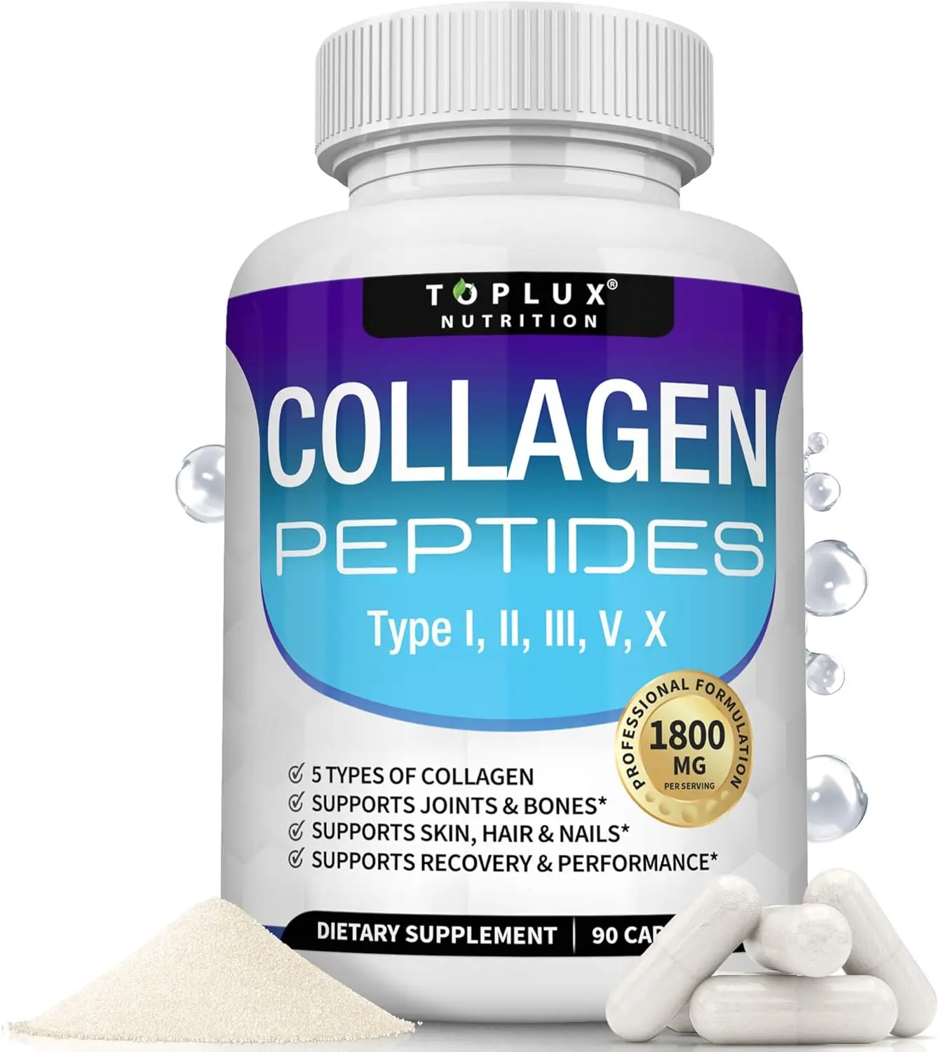 Toplux Nutrition 1800mg Multi-Type Collagen Peptides Complex (5 Types), USA-Made Dietary Supplement, Supports Beauty, Fitness & Overall Wellness, 90 Capsules