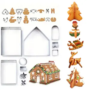 18pcs Heavy-Duty Stainless Steel 3D Christmas Cookie Cutter Set - Gingerbread House, Tree, Snowman & Reindeer Molds, Non-Stick Baking Tools Suitable for Holiday DIY Baking, Wedding & Party - 18 Mold Types