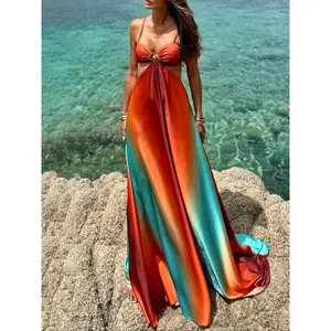Women's Gradient Satin Maxi Dress Halter Cut Out Backless Long Dress with Spaghetti Straps Elegant Ombre Vacation Outfit Boho Chic Beachwear Sunset Color Flowy Summer Evening Dress