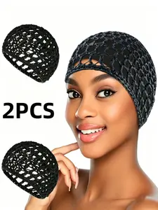 2pcs Hair Net Caps, Sleep Hair Nets, False Hair Headbands, Mesh Wrap Hats, Crochet Wave Chef Hats, Bun Fluffy Hats for Women