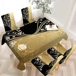 2/4/6/5/7 pieces of fashionable and high-end chair cover and tablecloth sets, thickened chair cover and tablecloth sets (1 tablecloth + 4 chair covers or 1 tablecloth + 6 chair covers), easy to care for, reusable, for home decoration