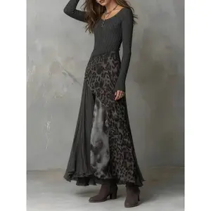 Women's Leopard Print Patchwork Long Sleeve Dress, A-Line Maxi Skirt Style, Casual Outdoor Wear, Fashionable and Comfortable, Womenswear, Spring