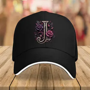 1pc Unisex Purple Rose and Letter J Floral Print Baseball Cap - Lightweight, Breathable, Quick Drying 100% Polyester, Casual Outdoor Travel Hat, Cycling Hat, Quick Dry Headwear, Sun Protection, Streetwear Accessory, Durable Construction, Sun Hat