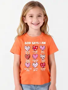 Valentine's Day Heart Design Girls' T-Shirt, Perfect Gift for Girls Under 8, Casual Fitted Style, Ideal for Little Kids
