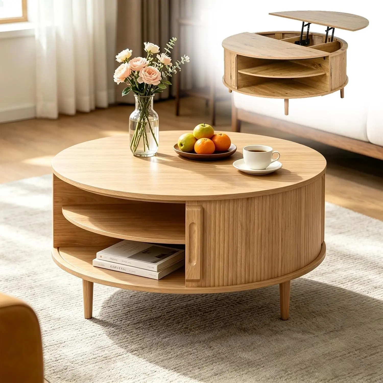Lift Top Circle Coffee Table with Hidden Storage,Mid Century Round Coffee Table with Sliding Door,Modern Wood Circle Drum Tables,Small Wood Fluted Dining Tables for Small Space(Acacia Wood)