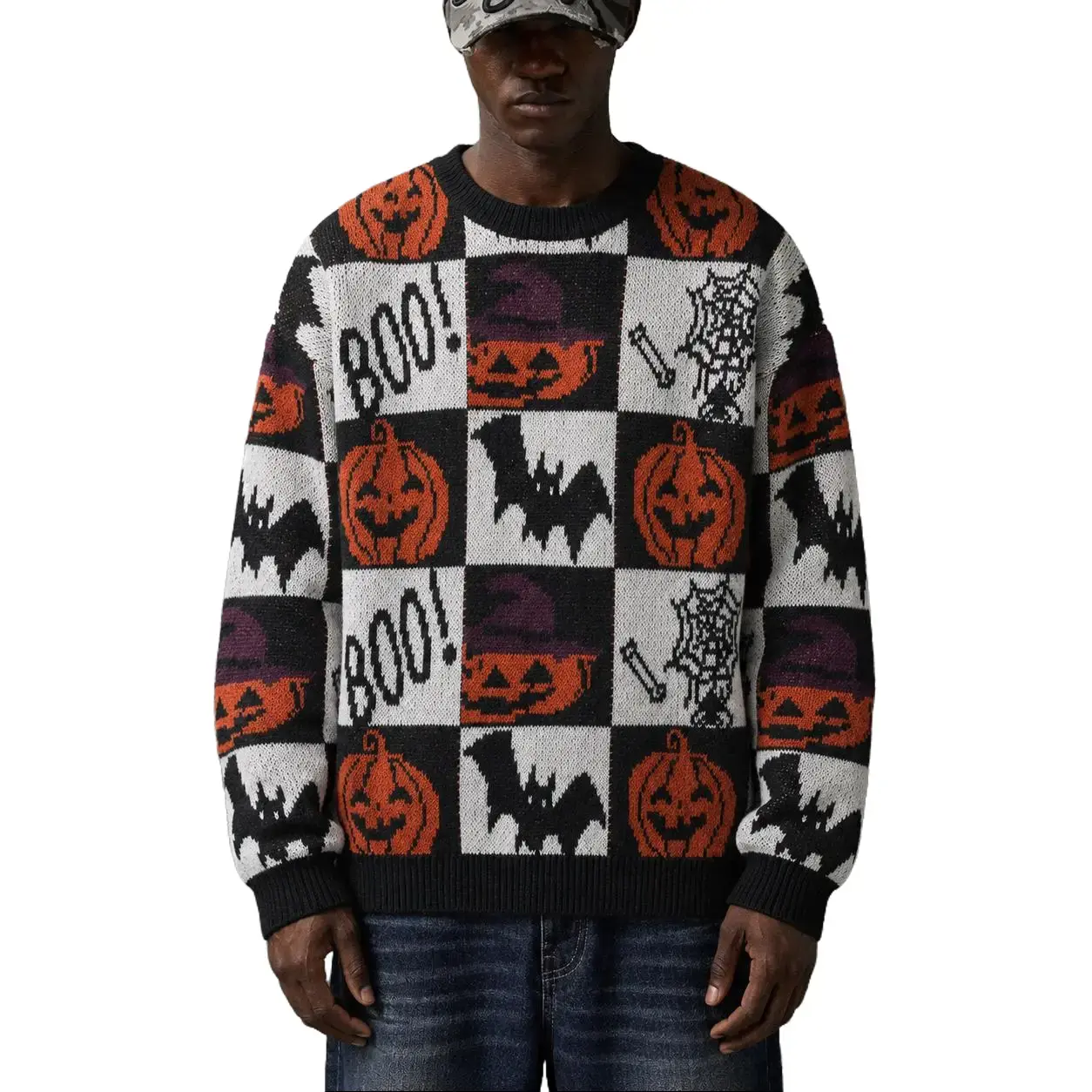 Men's Halloween Cozy Crew Neck Knitwear - Long Sleeve Pullover with Pumpkin-Bat Pattern, Festive Touch Casual Fall Holiday Menswear Top